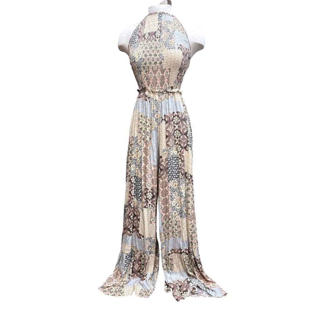 Illa Illa Patchwork Print Halter Jumpsuit Wide Leg Smocked Boho Festival Chic M